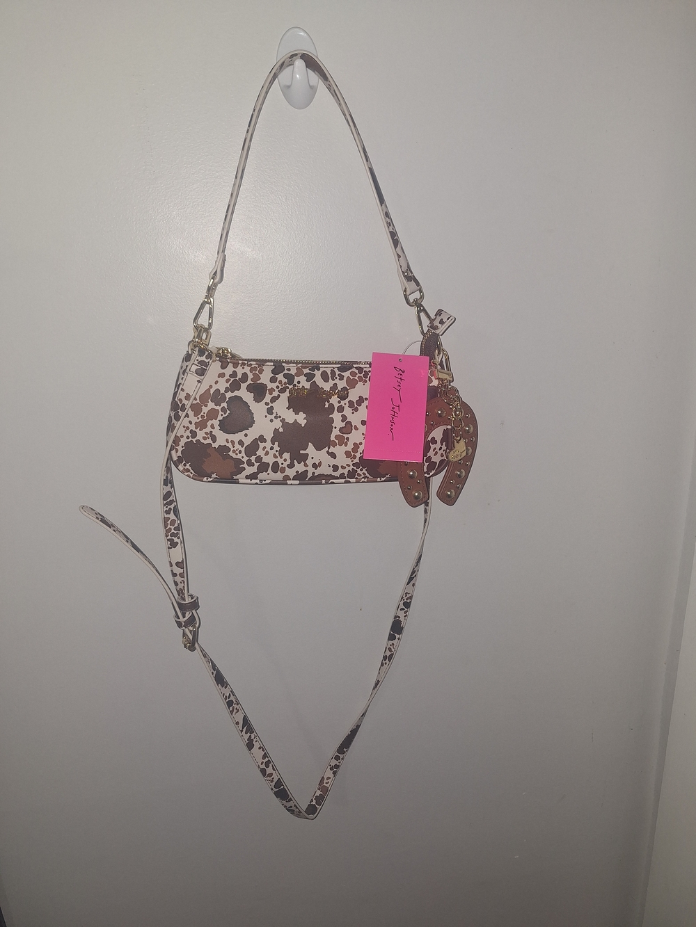 Betsey Johnson Brown & White Cow Print Crossbody Bag